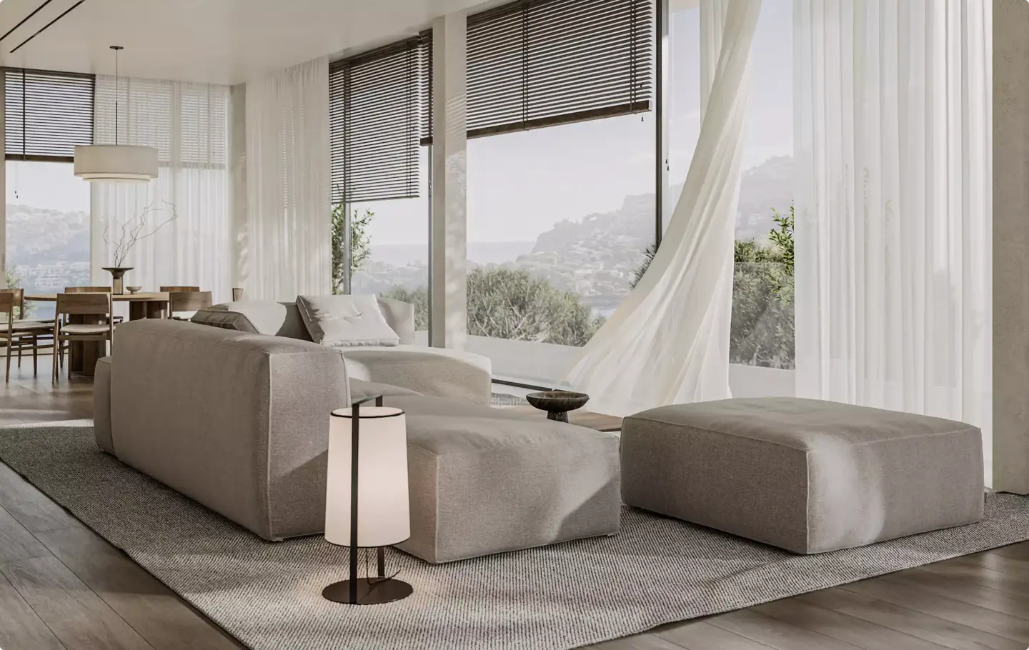 Best Architectural Rendering Software: Top Tools for Architects and Designers Bright rendered living room with large windows, sofa, and natural daylight