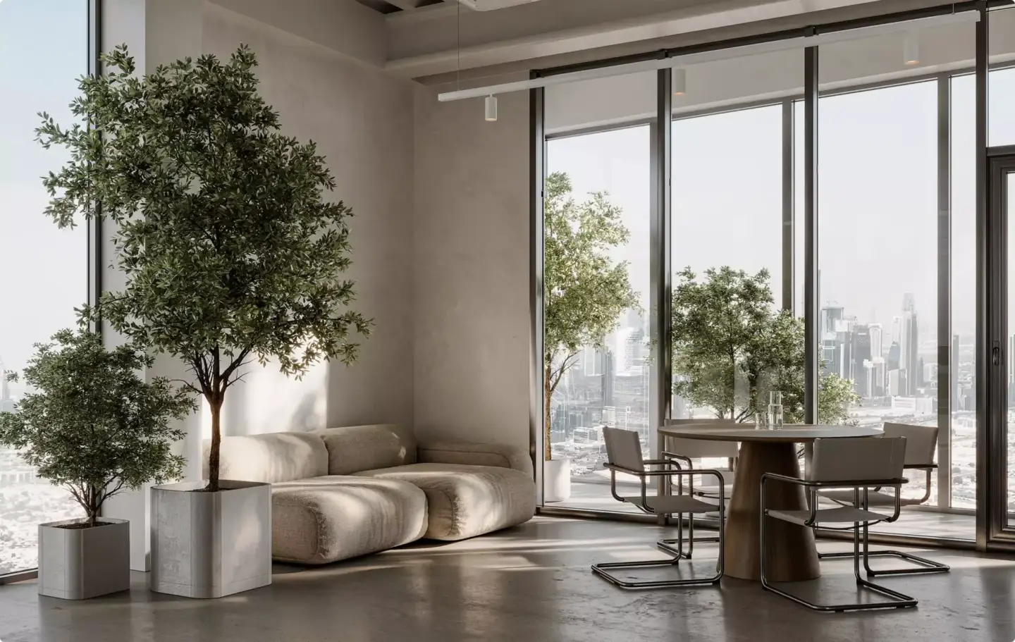 Best Architectural Rendering Software: Top Tools for Architects and Designers Contemporary rendered living space with sofa, large windows, and city view
