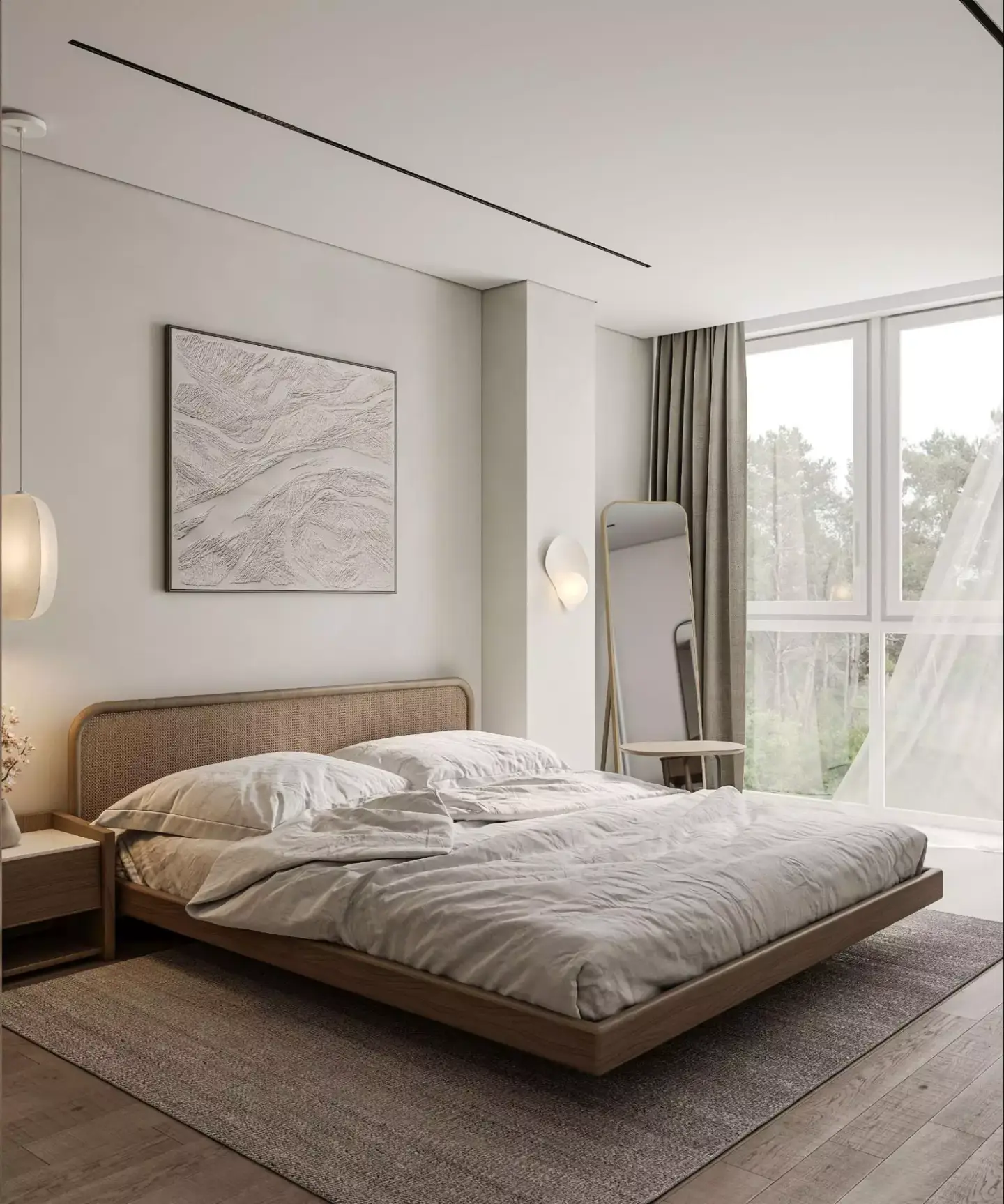 Best Interior Renders for 3D Interior Visualization Best bedroom interior render with low wood bed, wall art, tall windows, and soft curtains