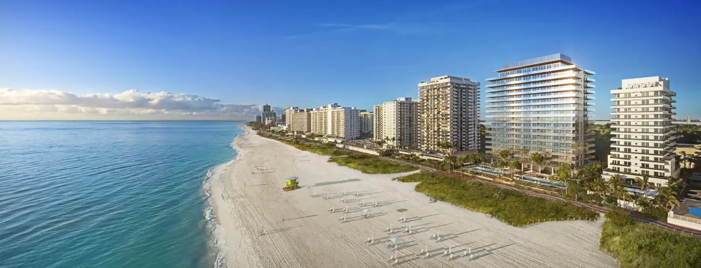 Best Property CGI Companies for Developers (2026) Beachfront residential towers beside an ocean shoreline, property marketing CGI for real estate development launches