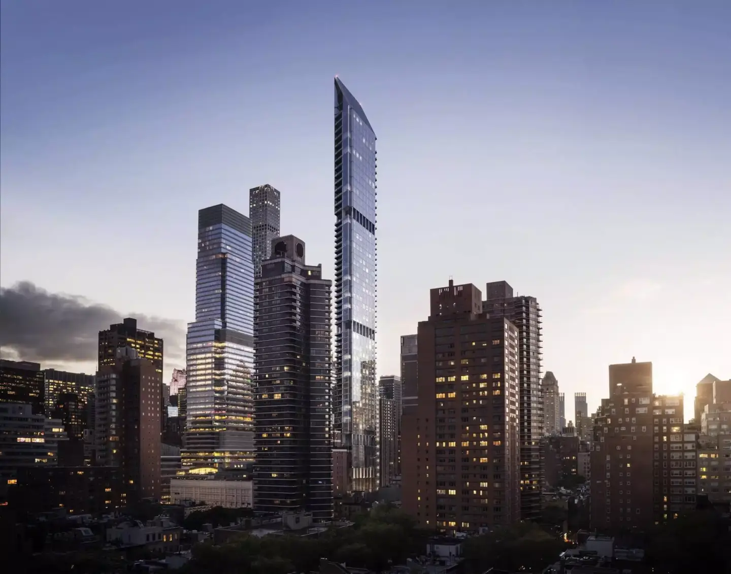 Best Property CGI Companies for Developers (2026) Modern glass skyscraper in a city at dusk, real estate rendering for high-rise property marketing