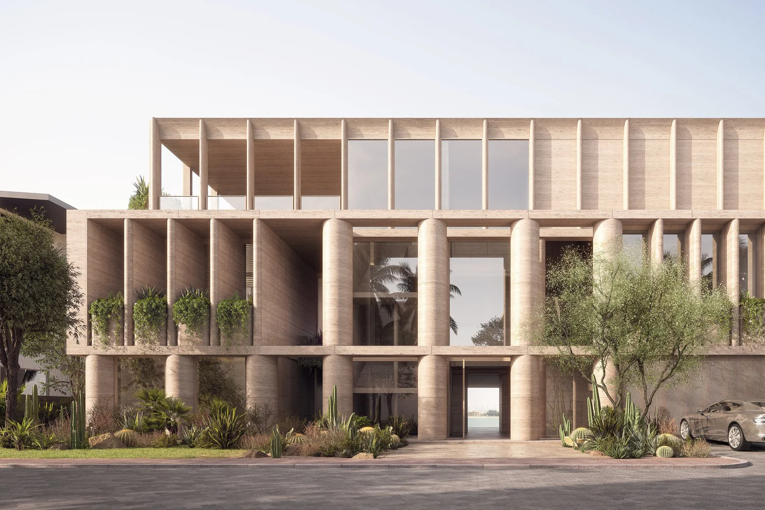 Best Property CGI Companies for Developers (2026) Modern villa with columns, glass façade, desert landscaping, and soft daylight for architectural rendering companies