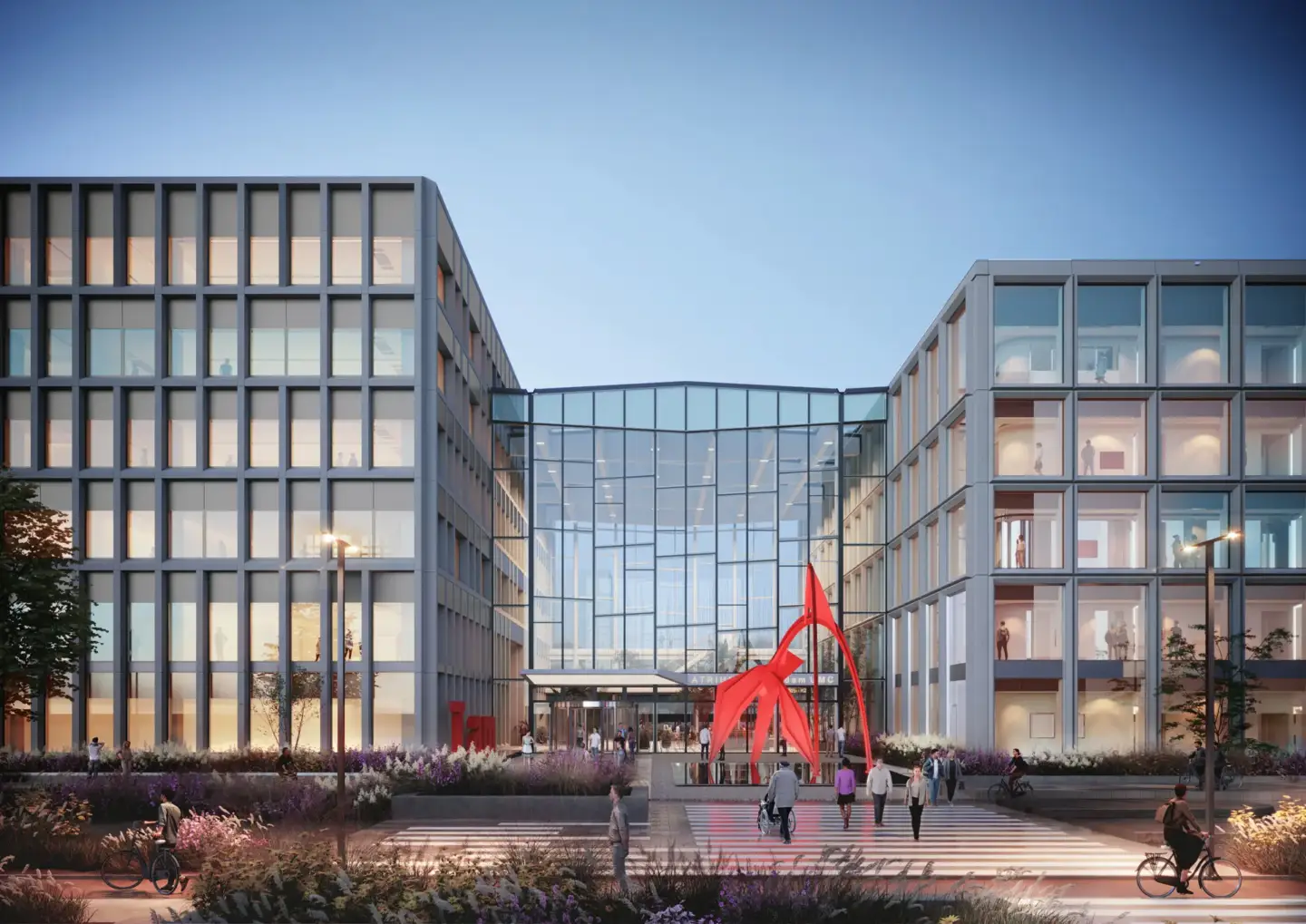 Best Property CGI Companies for Developers (2026) Modern office complex with glass atrium, landscaped plaza, pedestrians, and red sculpture for property developers