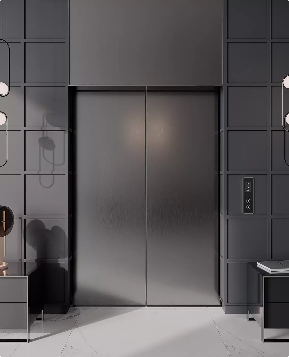 High-end black elevator CGI featuring dark wall panels, modern pendant lighting, and minimalist luxury decor