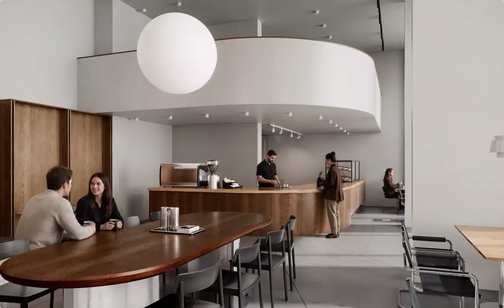 Cafe interior 3D rendering with people near curved coffee counter and seating area