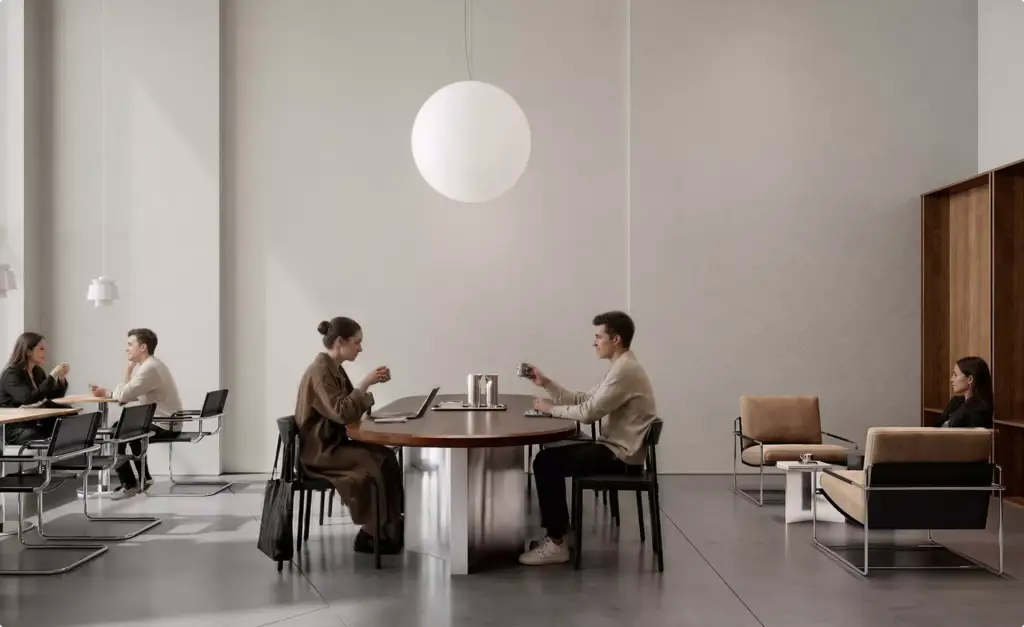 Cafe interior 3D rendering with people seated at communal table under pendant light