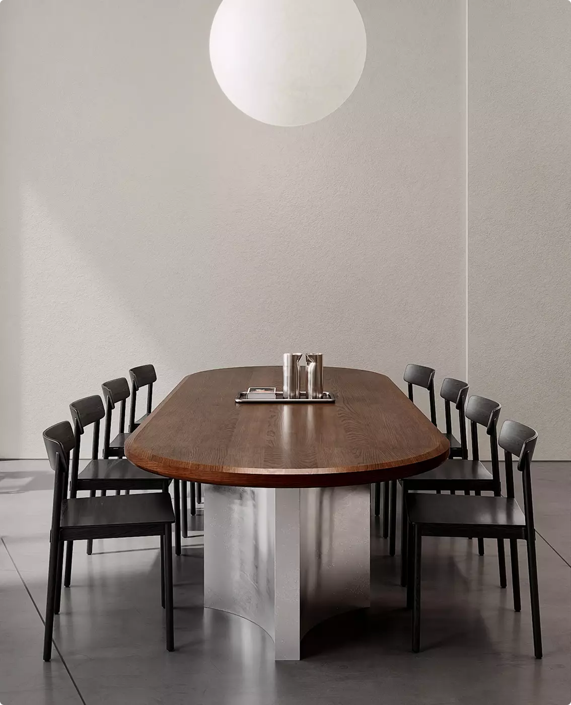 Cafe interior 3D rendering with long wood table and black dining chairs