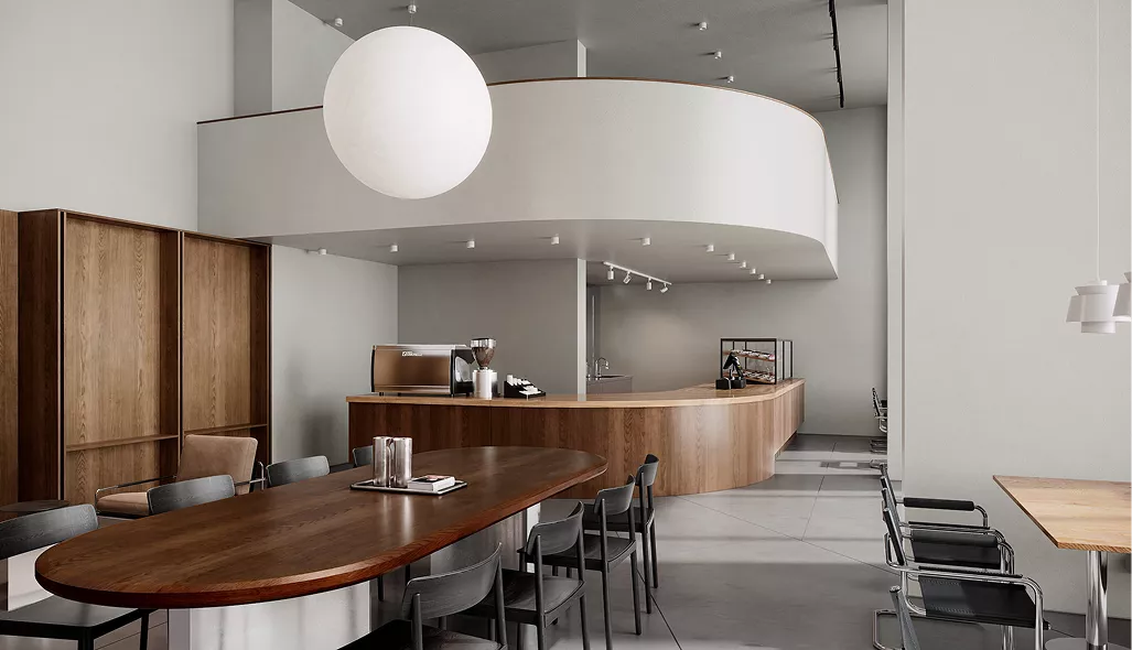 Modern cafe interior CGI with curved counter, pendant lights, and communal seating