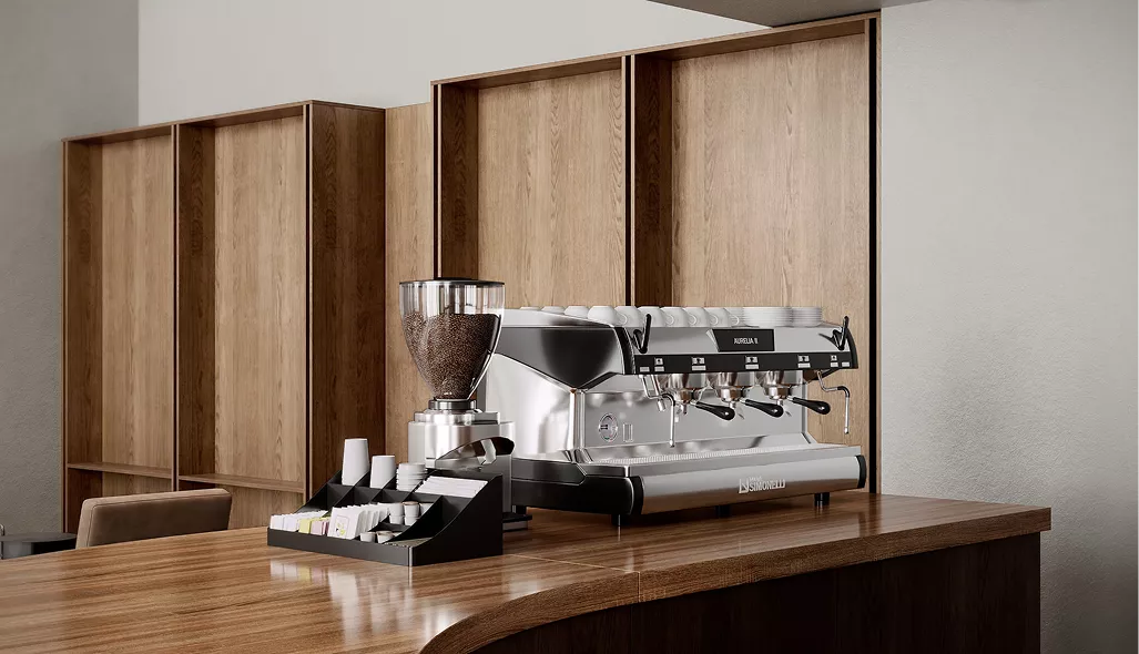 Cafe interior CGI with espresso machine on curved wood counter and shelving backdrop