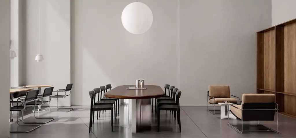 Minimal cafe interior CGI with long wood table, black chairs, and lounge seating