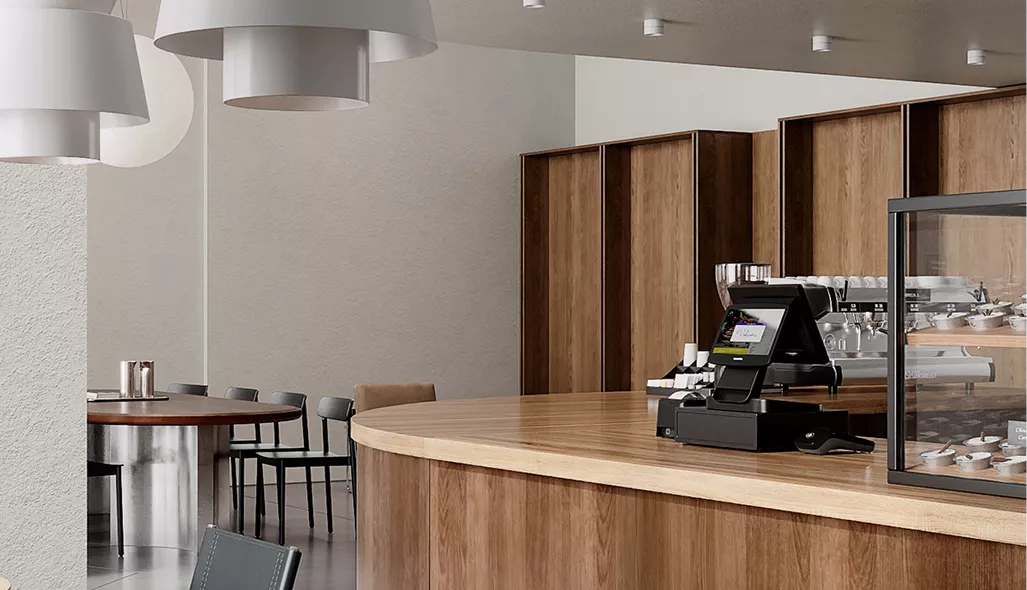 Cafe interior CGI with curved wood counter, register, and pastry display case