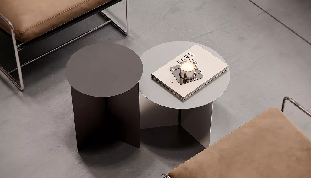 Round side tables in cafe interior CGI with coffee cup and magazine on gray floor