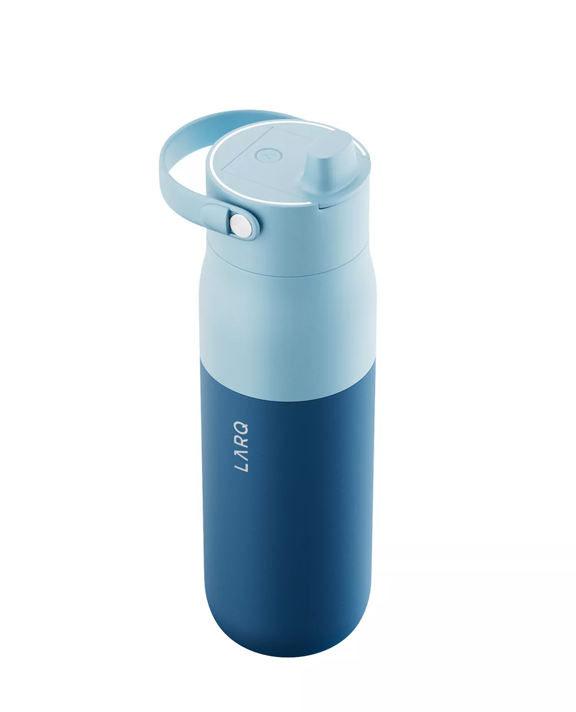 CGI campaign visuals for LARQ straw bottle in blue tones on clean gray background