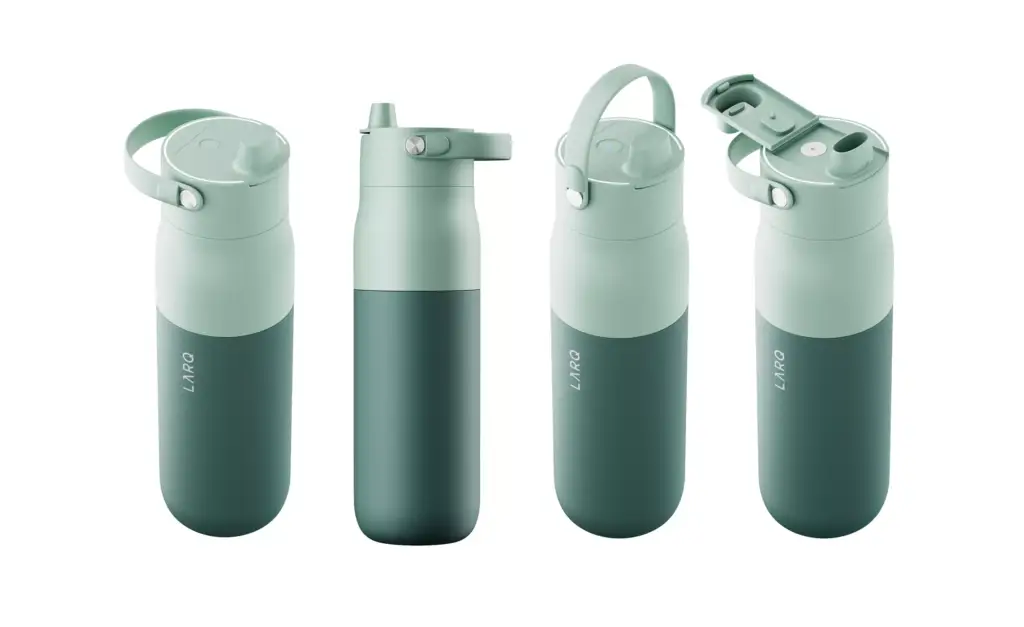 CGI campaign visuals for LARQ bottle showing multiple straw lid positions and carry handle