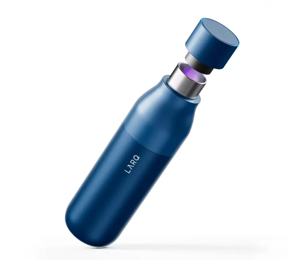 CGI campaign visuals for LARQ bottle with floating cap revealing UV purification chamber