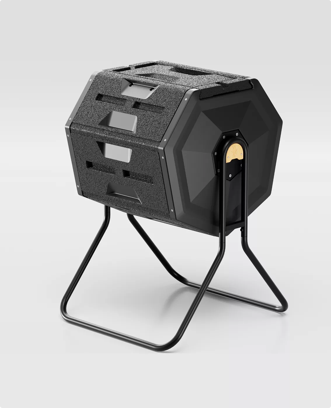 Compact black smart composting device with rotating drum body and sturdy metal support frame on neutral background.