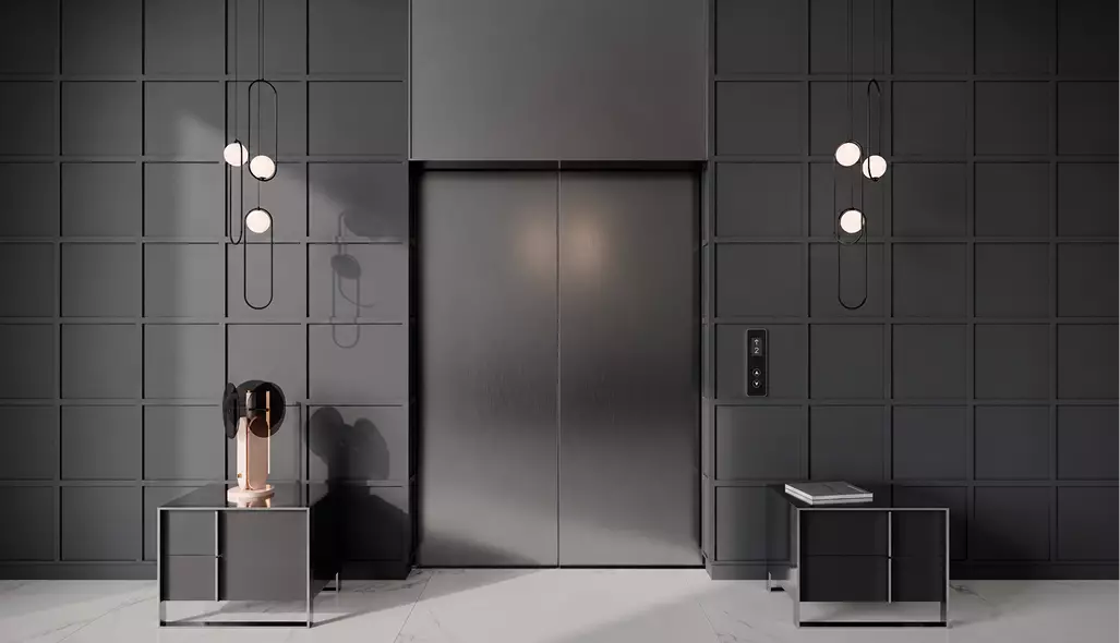 Contemporary elevator CGI design with brushed metal doors, soft ambient illumination, and premium material composition.