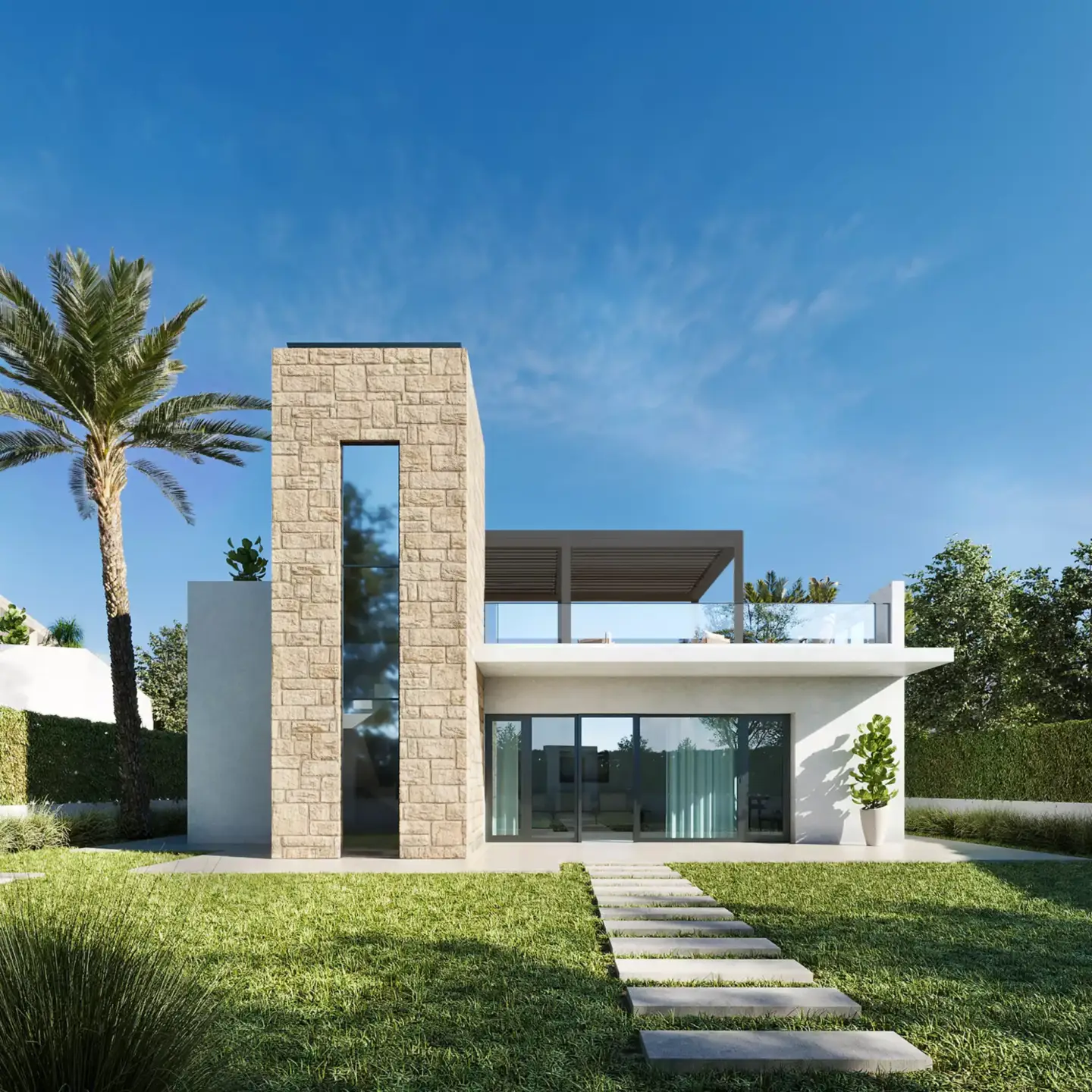 What Is a Ranch-Style House? Types, History & Design Contemporary ranch-style house exterior render with wide glazing and horizontal massing at eye level