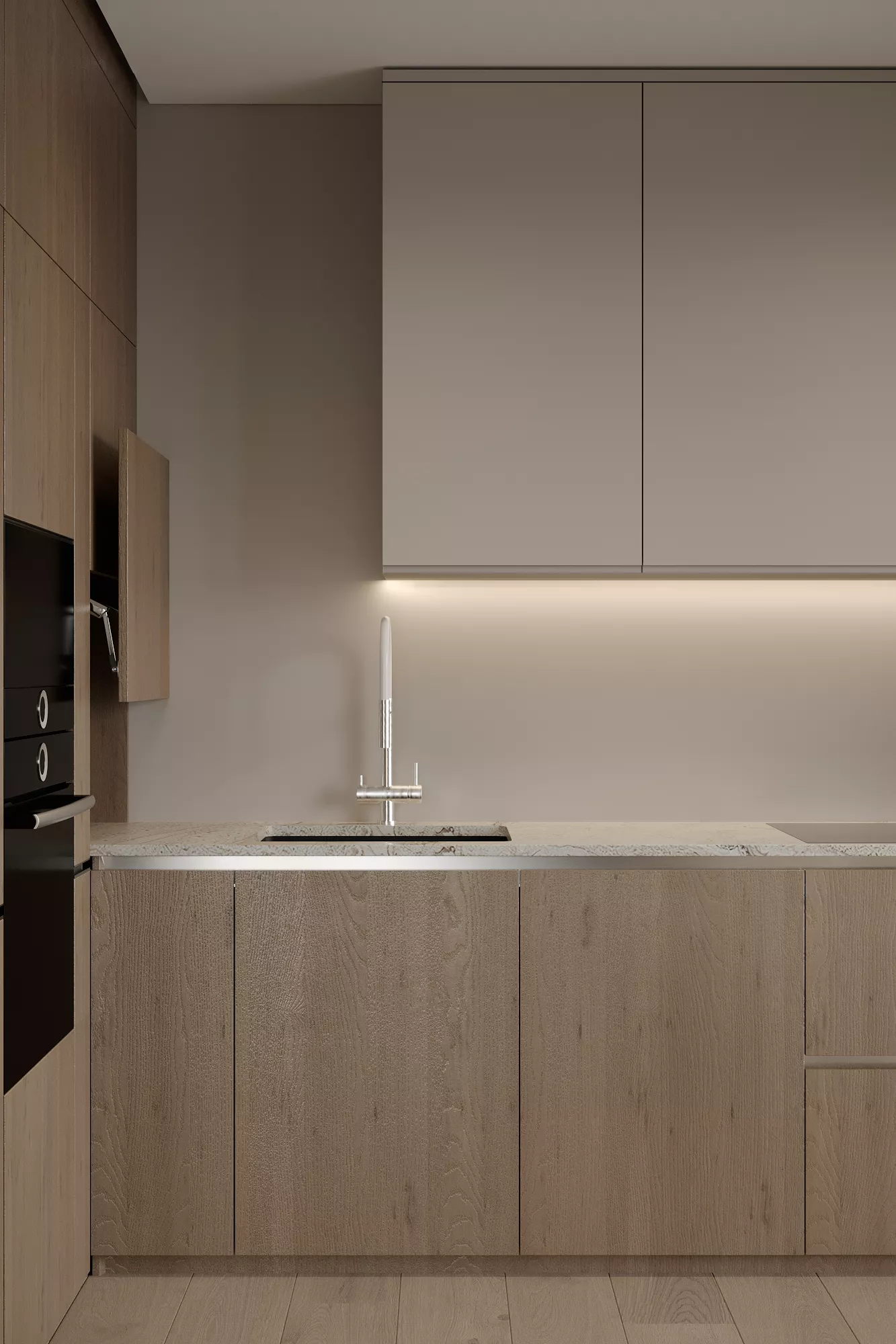 Kitchen Renders: Photorealistic 3D Examples, Techniques, and Agency Guide Contemporary kitchen render with light wood cabinets, built-in oven, and undercabinet lighting