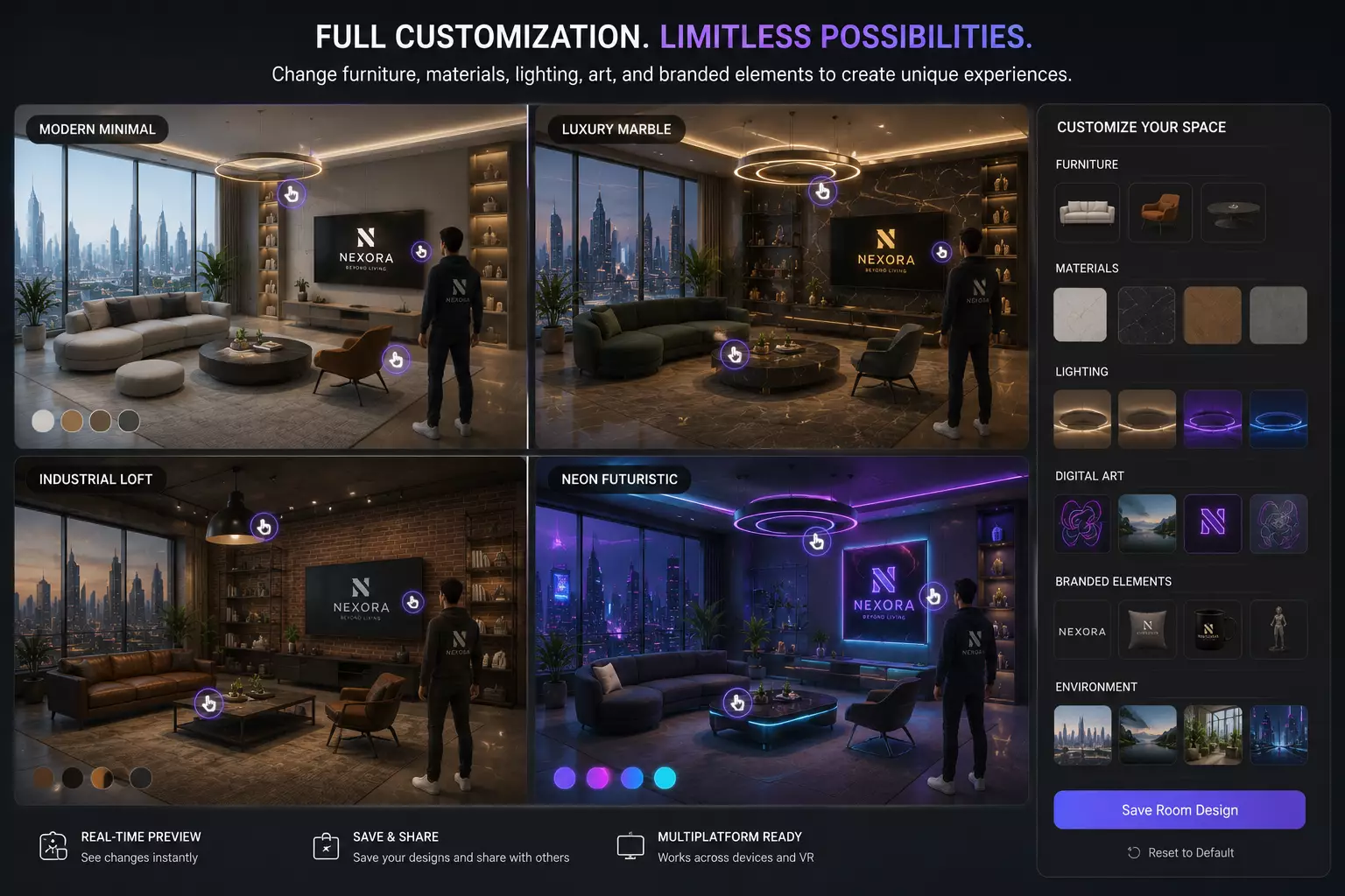 Metaverse Interior Design for Virtual Spaces Custom metaverse room styles with furniture, lighting, materials, and branded decor options