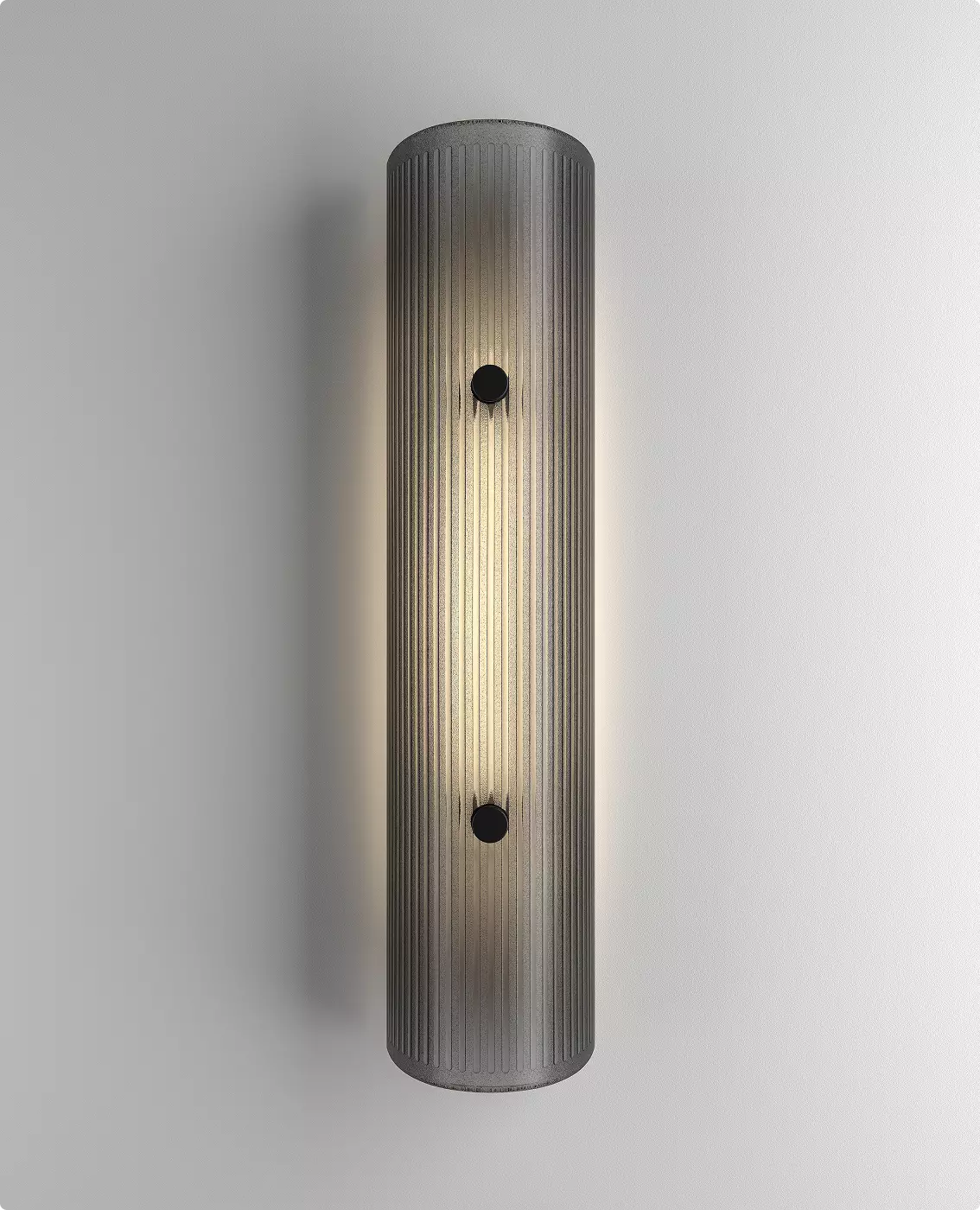 Vertical ribbed glass wall fixture glowing on white wall, decorative lighting CGI visualization.
