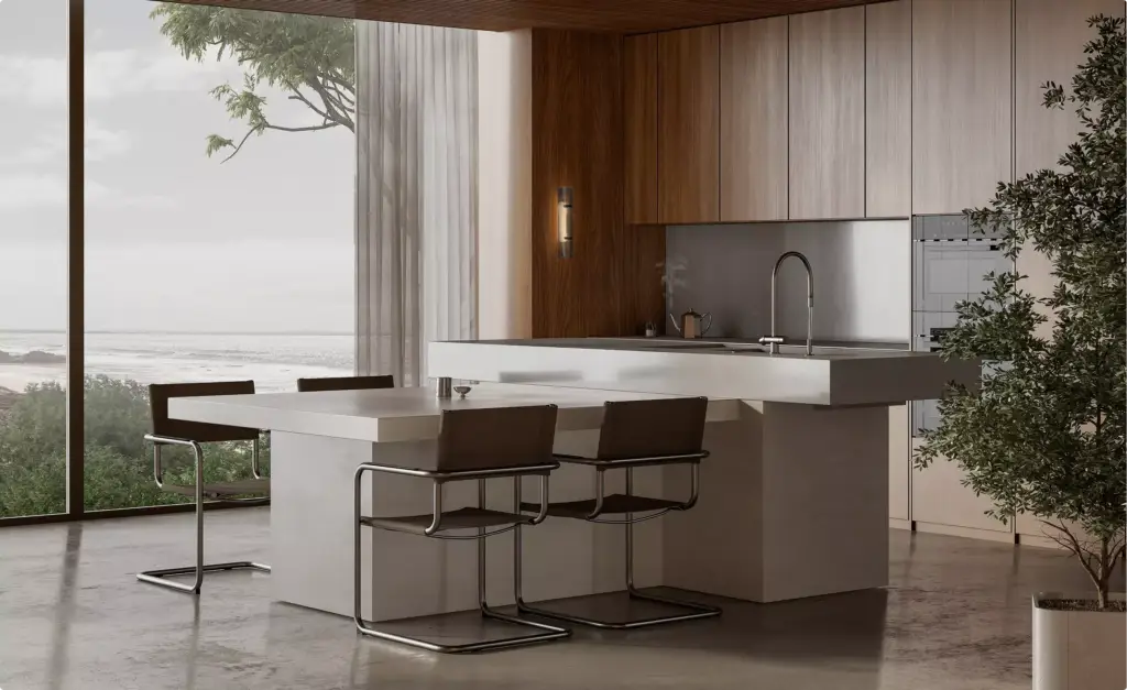 Wide contemporary kitchen featuring illuminated wall fixture, decorative lighting CGI visualization.