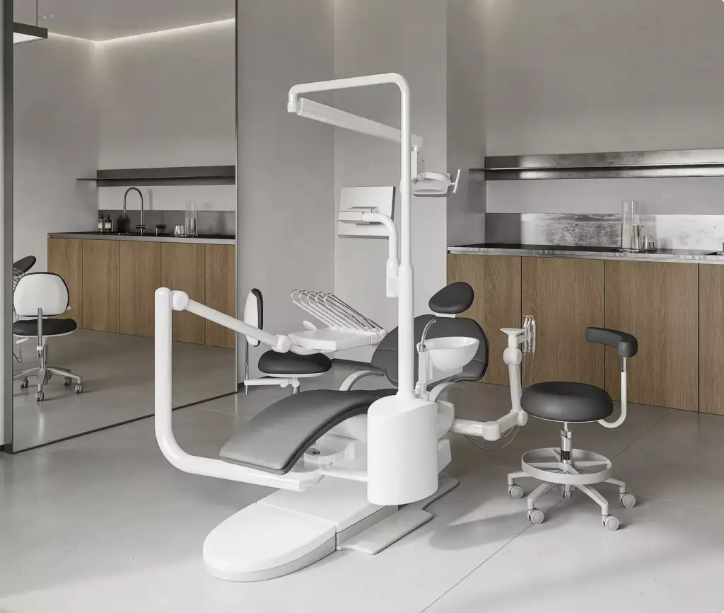 Close-up of professional dental instruments in a clean modern dental clinic visualization.