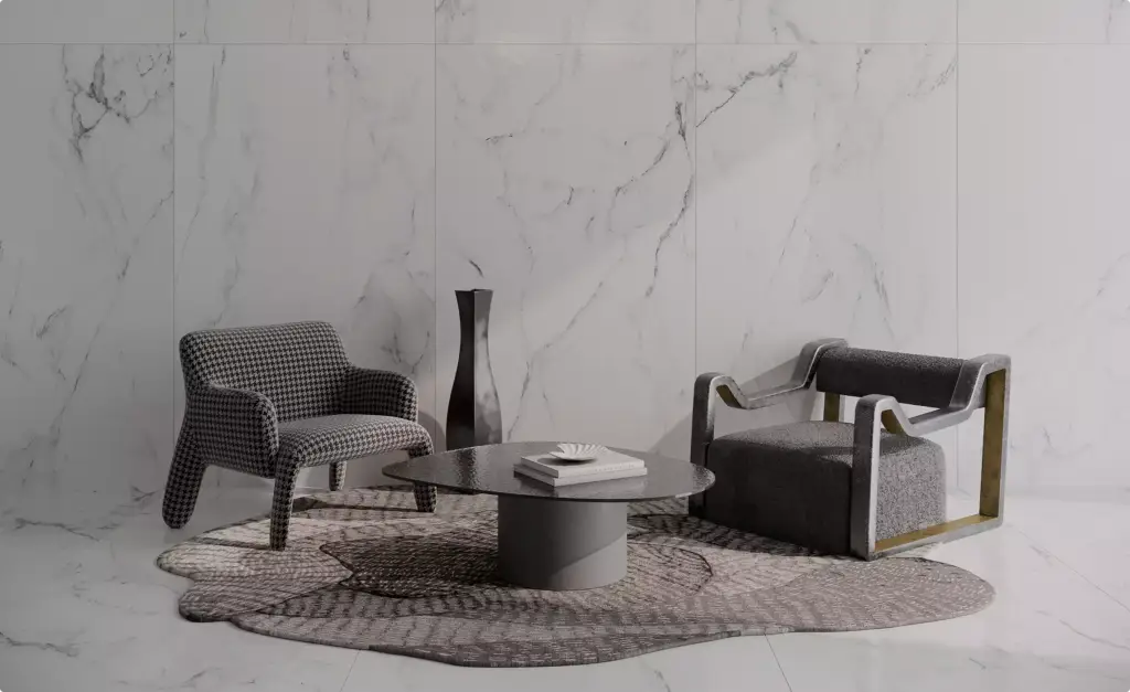 Contemporary designer lounge furniture render with marble surfaces and minimalist luxury aesthetics.