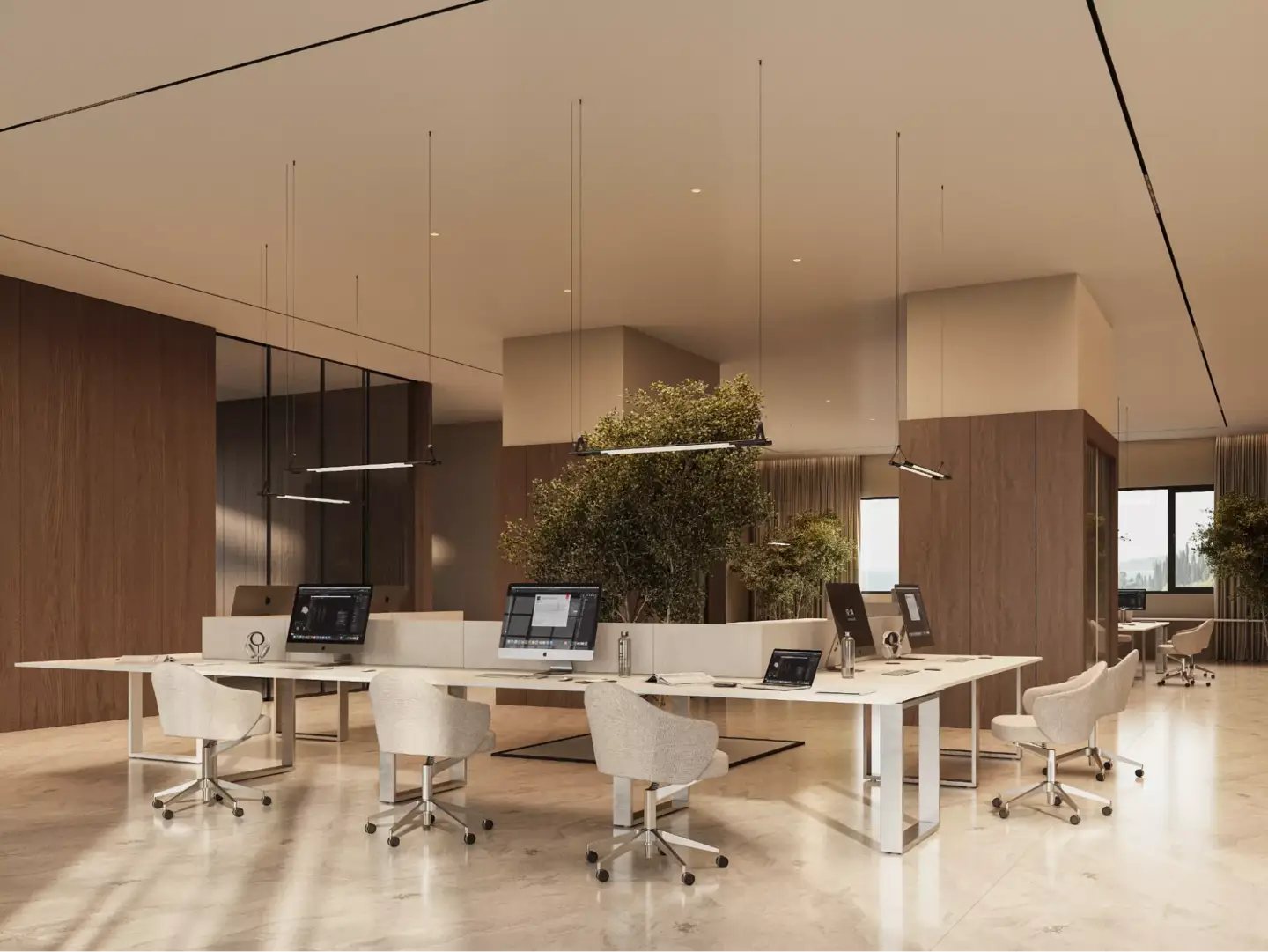 Best Interior Renders for 3D Interior Visualization Elegant office interior render with white desks, trees, computers, and wood wall panels