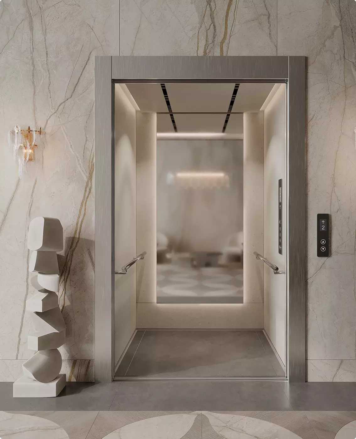 Photorealistic elevator interior render with clean lines, premium materials, and ambient ceiling lighting.