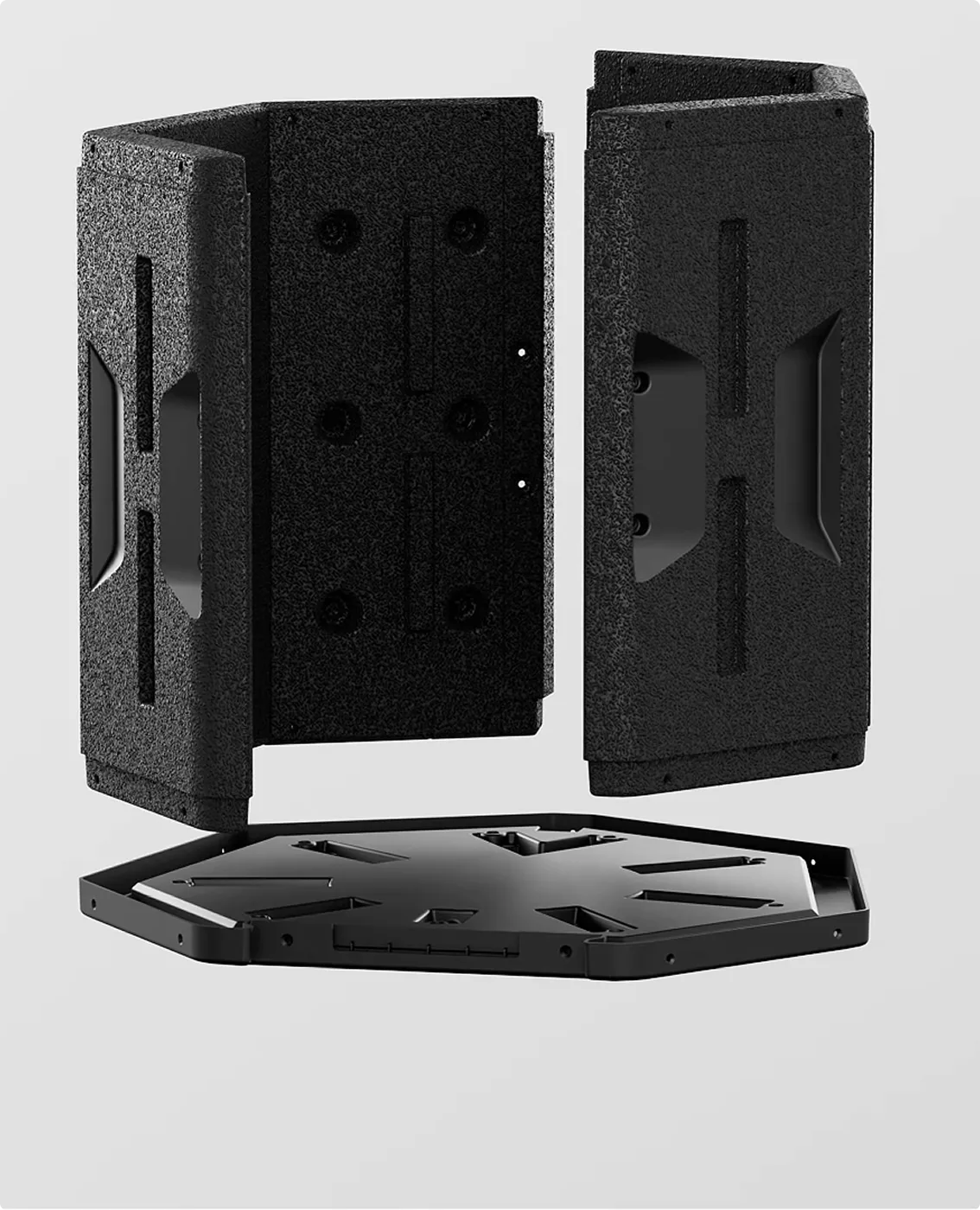 Exploded modular assembly view of a smart composting device showing detachable panels and structural base components.