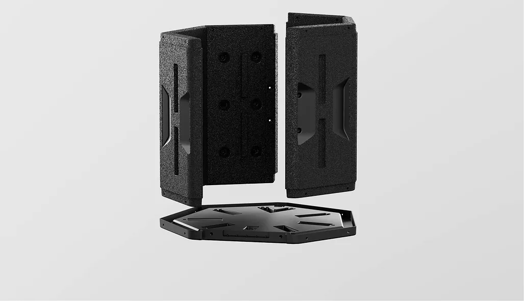 Exploded assembly view showing modular structural components of a smart composting device with durable eco-conscious materials.
