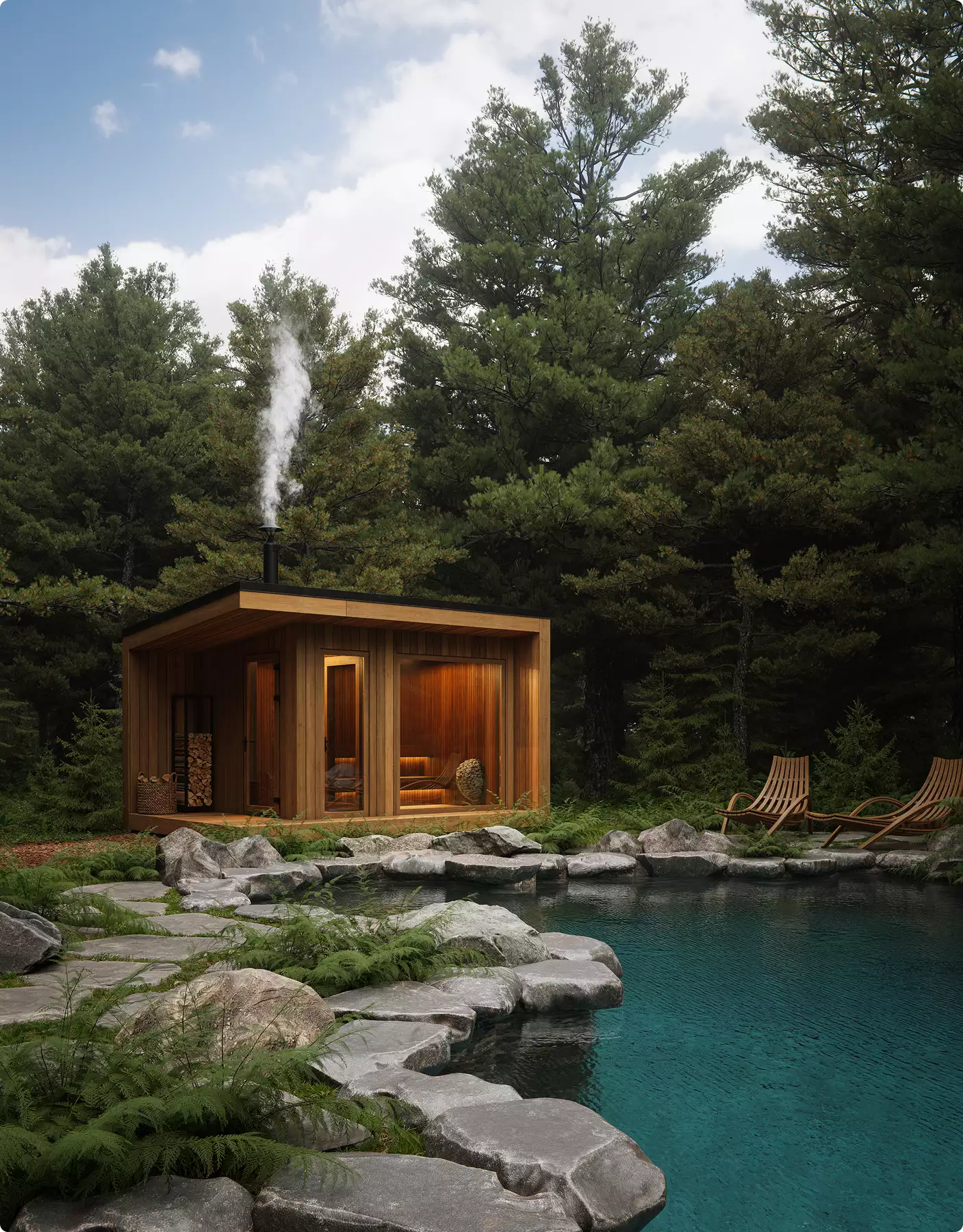 Wood sauna cabin beside pond with steam in forest, Architectural Photomontage Services