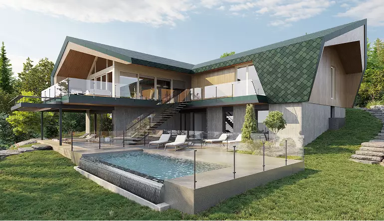 Exterior vs. Interior Rendering: Key Differences and When to Use Each Modern hillside house with pool and terrace, exterior vs interior rendering