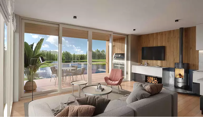 Exterior vs. Interior Rendering: Key Differences and When to Use Each Living room with sofa, fireplace, and large windows to patio, exterior vs interior rendering