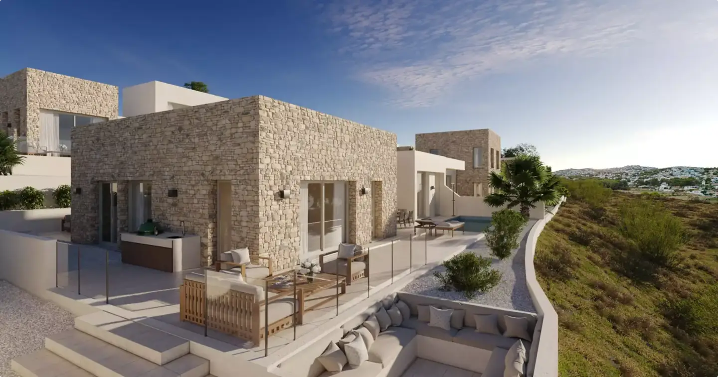 Exterior vs. Interior Rendering: Key Differences and When to Use Each Stone villa terrace with outdoor seating and landscape view, exterior vs interior rendering