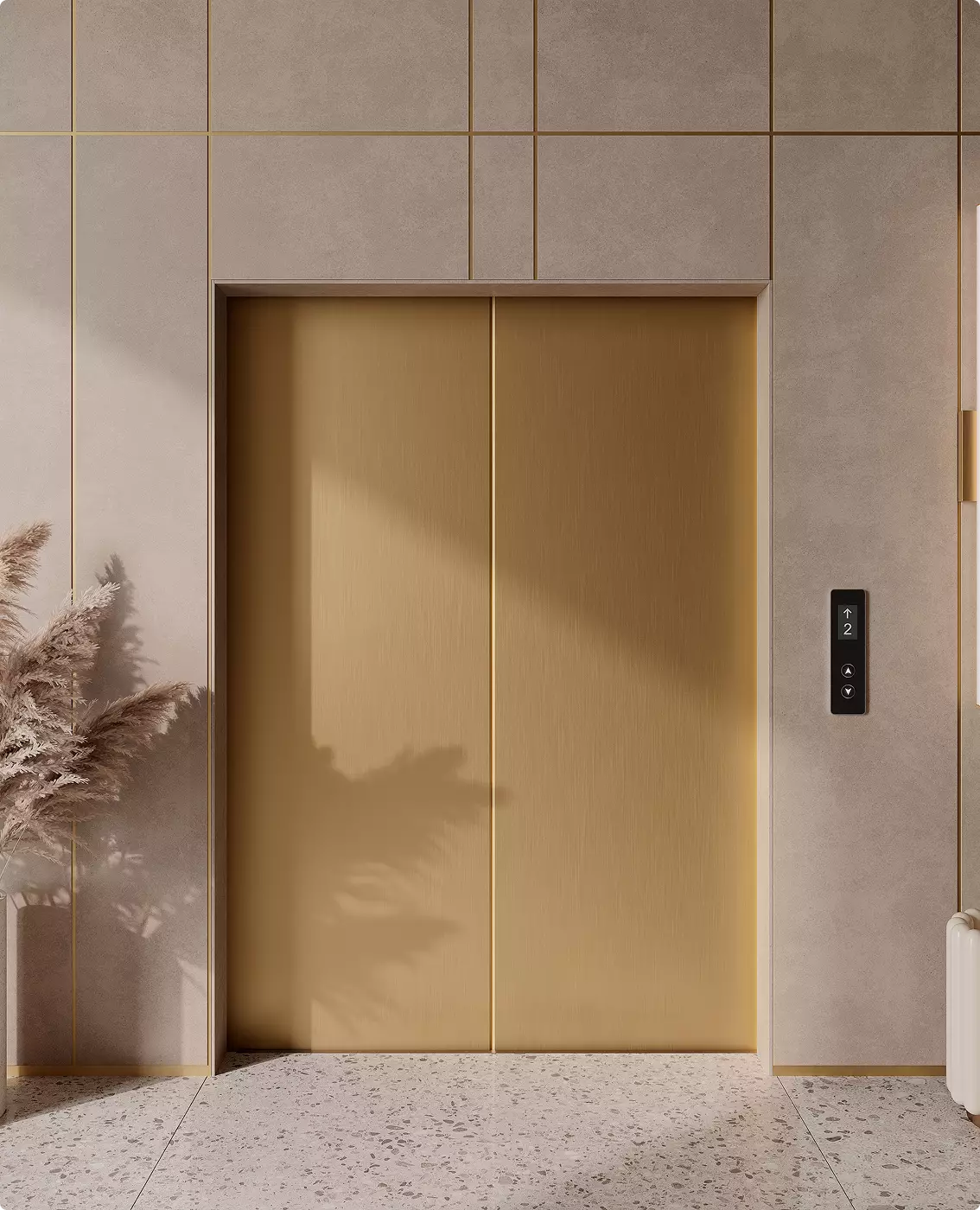 Premium gold elevator door visualization with warm neutral tones and sophisticated residential lobby design.