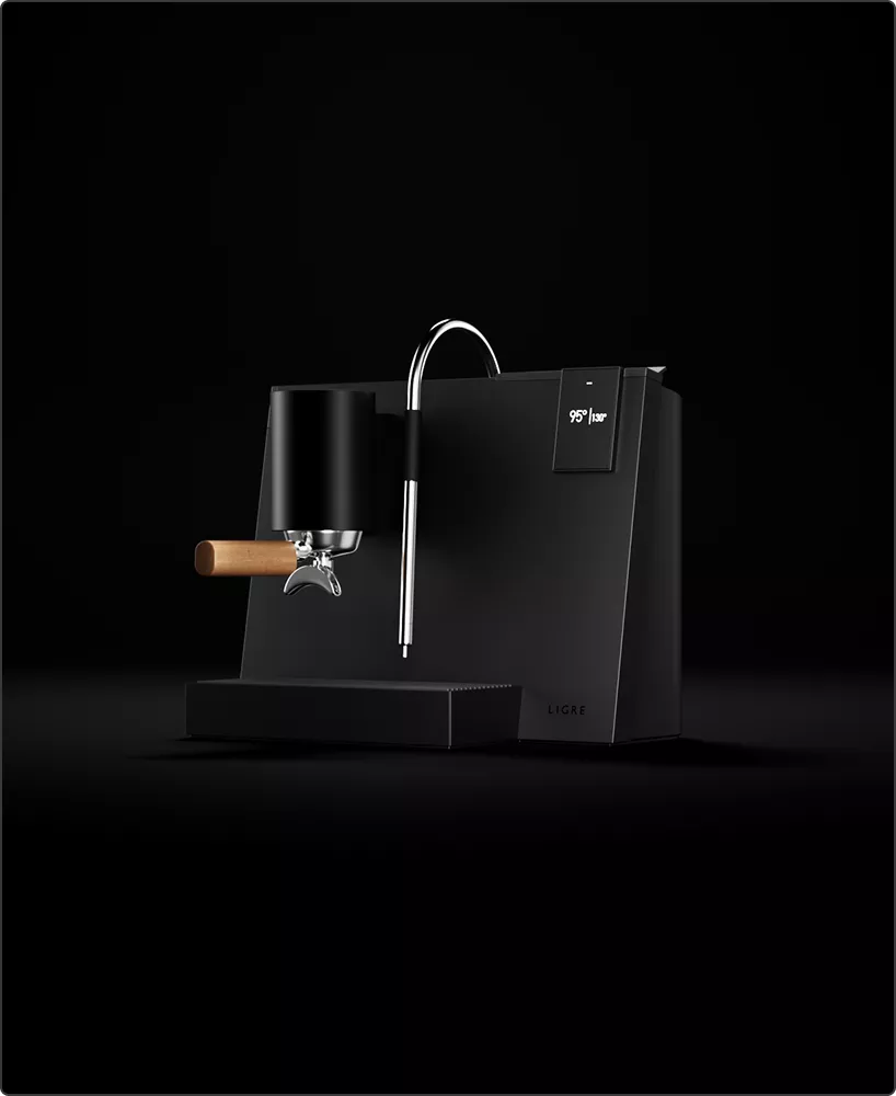 Espresso machine hero image with portafilter and steam wand on black background