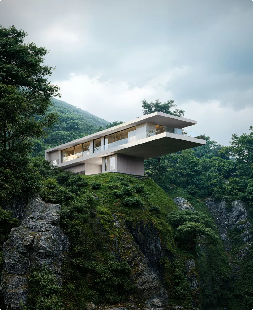 Modern house hero image on cliff surrounded by trees and rocky landscape