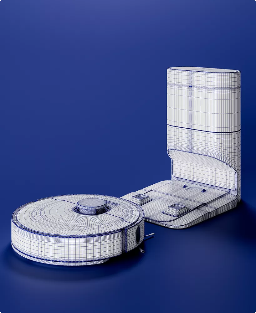Robot vacuum hero image with dock station in blue wireframe render on solid background