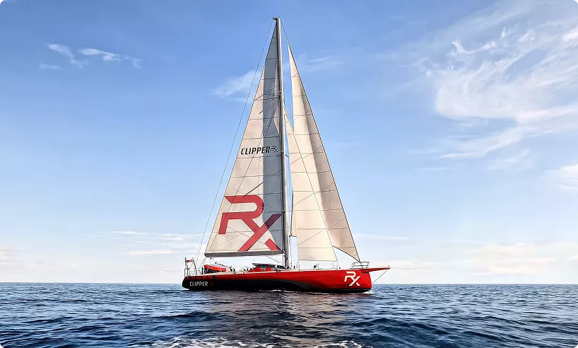 Sailboat hero image on open sea with white sails and red hull under blue sky