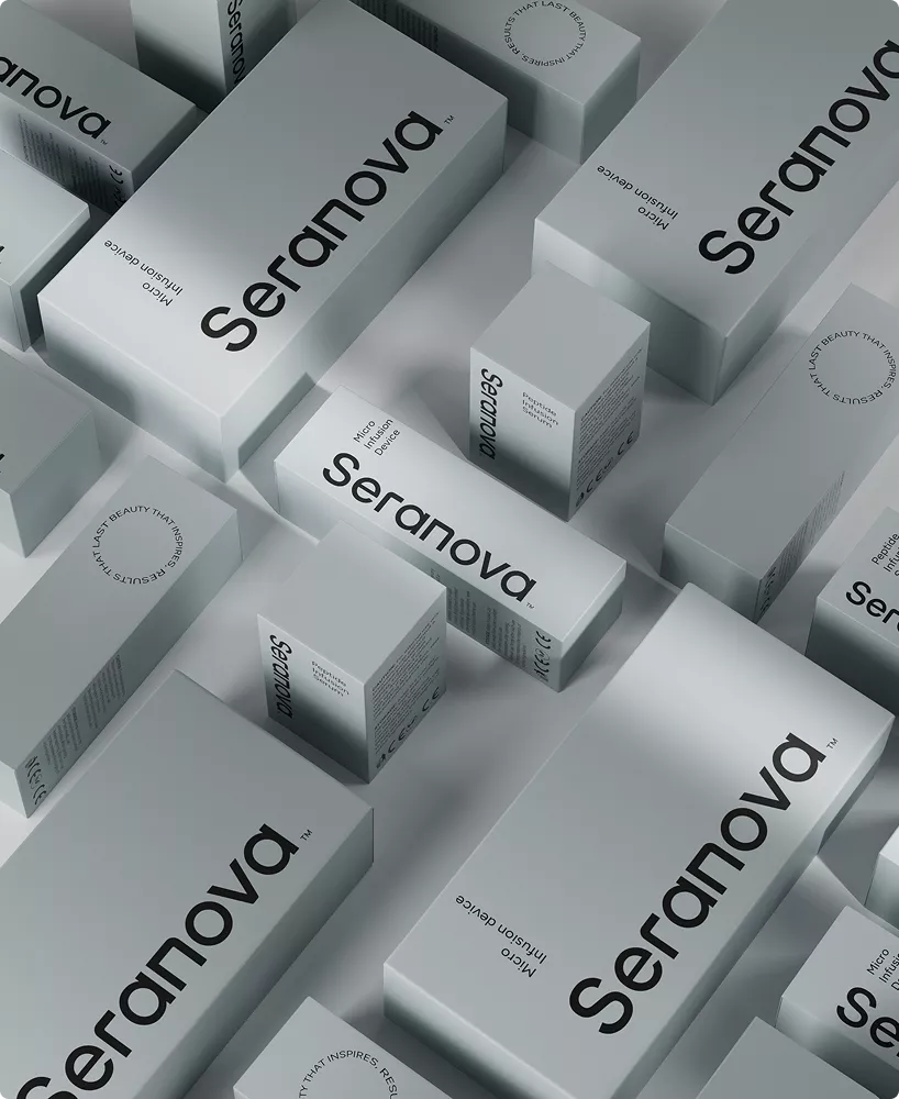 Product packaging hero image with Seranova boxes arranged in minimal layout