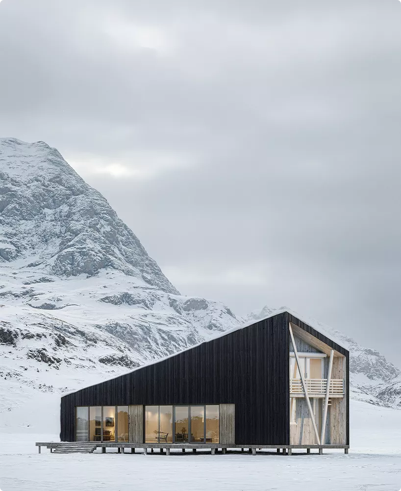 Cabin hero image in snowy mountains with modern wooden structure and large windows