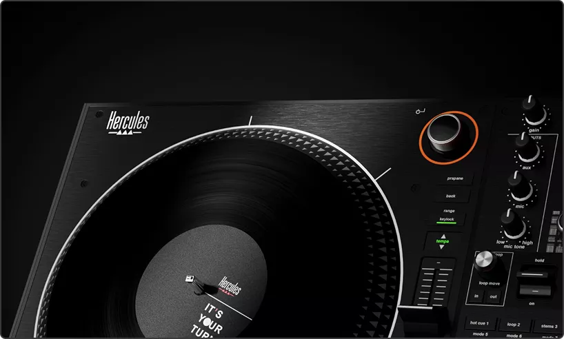 Turntable hero image with vinyl record and control knobs on black audio deck
