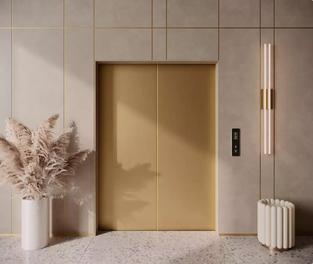 High-end elevator visualization showcasing luxury textures, soft neutral tones, and cinematic interior rendering.