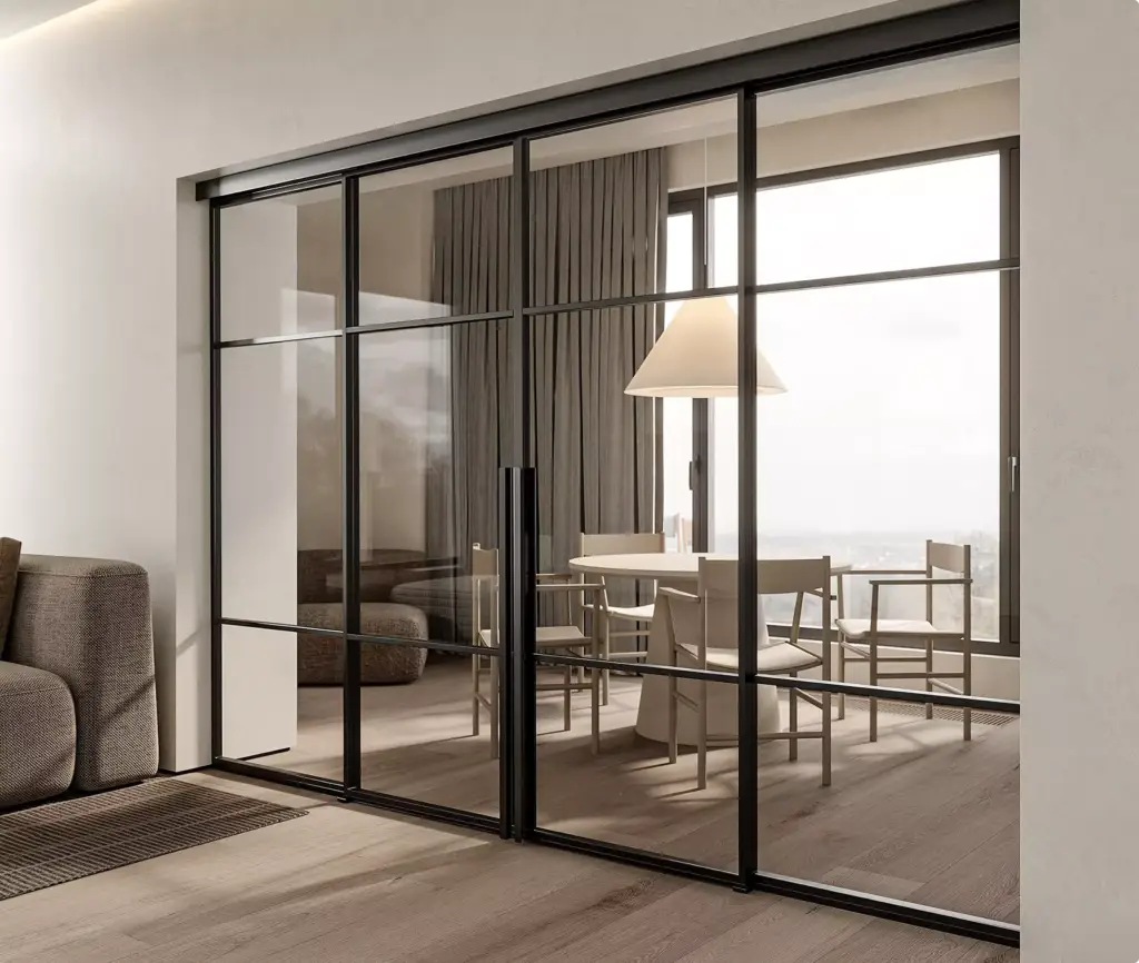 Visualization for Door Manufacturers with black glass sliding doors in a modern dining room