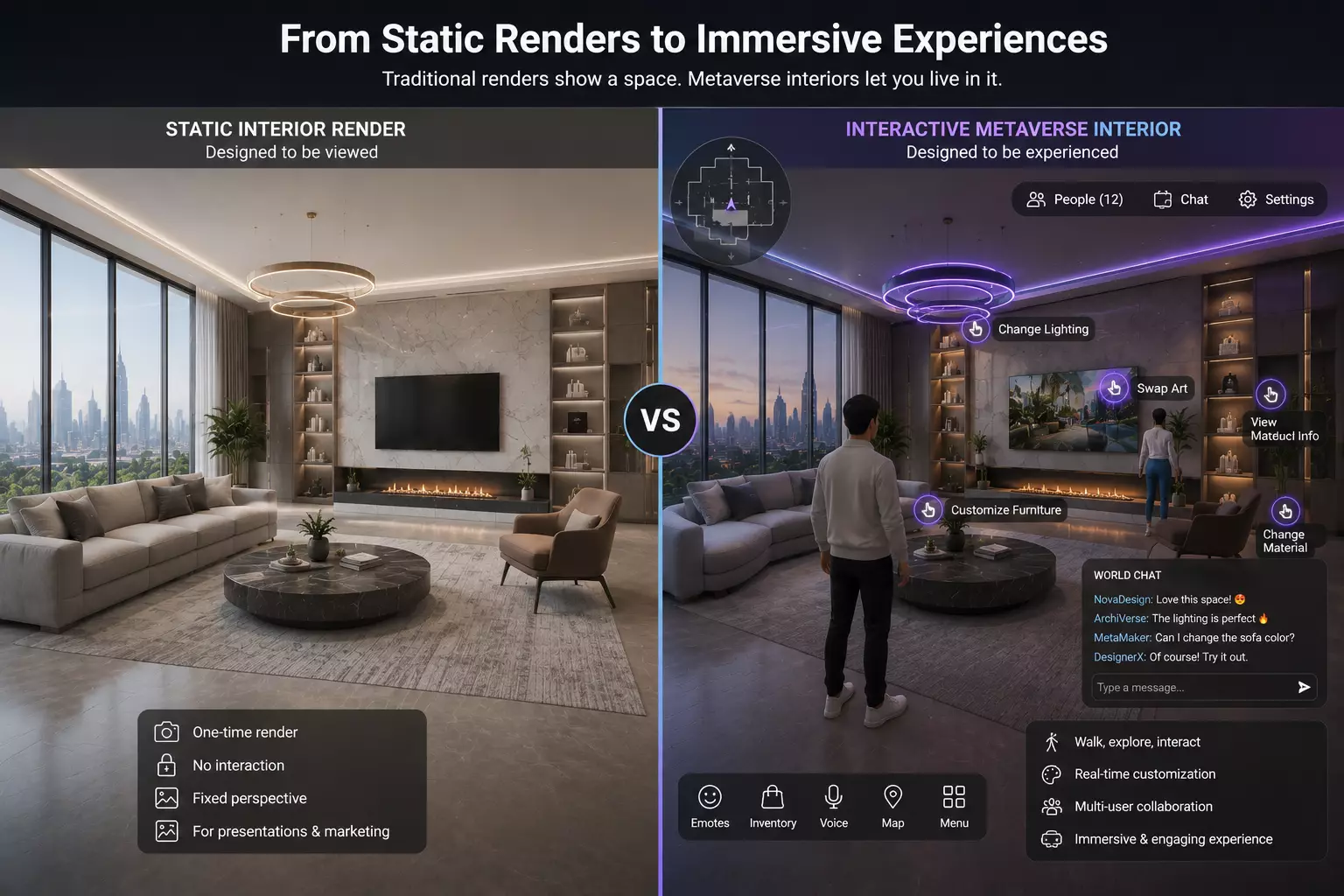 Metaverse Interior Design for Virtual Spaces Static interior render compared with interactive metaverse living room experience