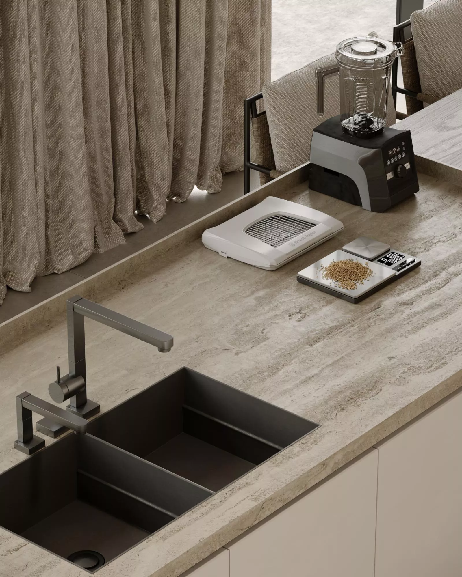 Kitchen Renders: Photorealistic 3D Examples, Techniques, and Agency Guide Kitchen countertop render with matte black sink, stone surface, and appliance setup