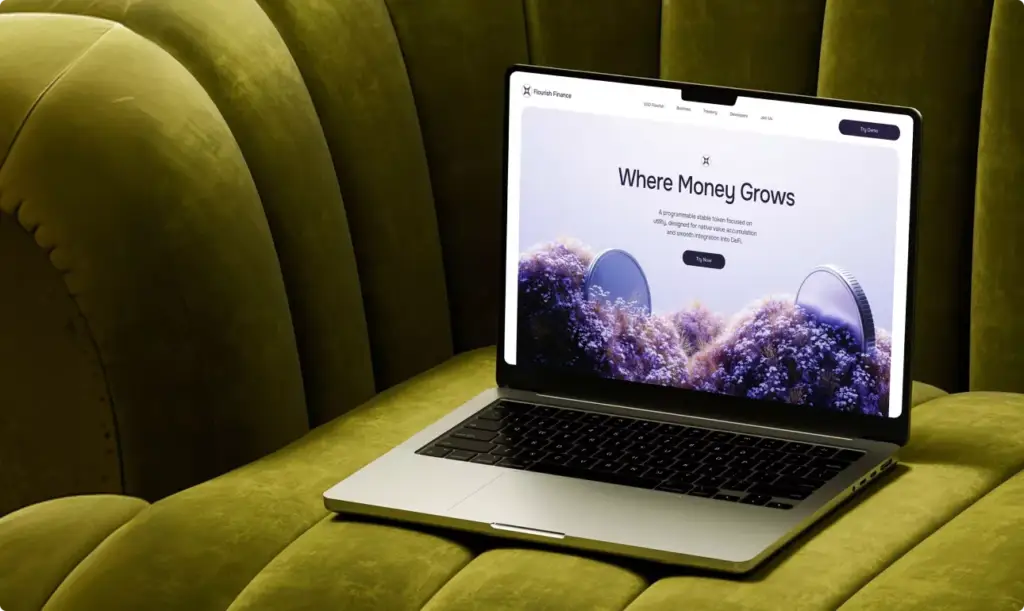 Landing Page Design displayed on laptop with finance website interface