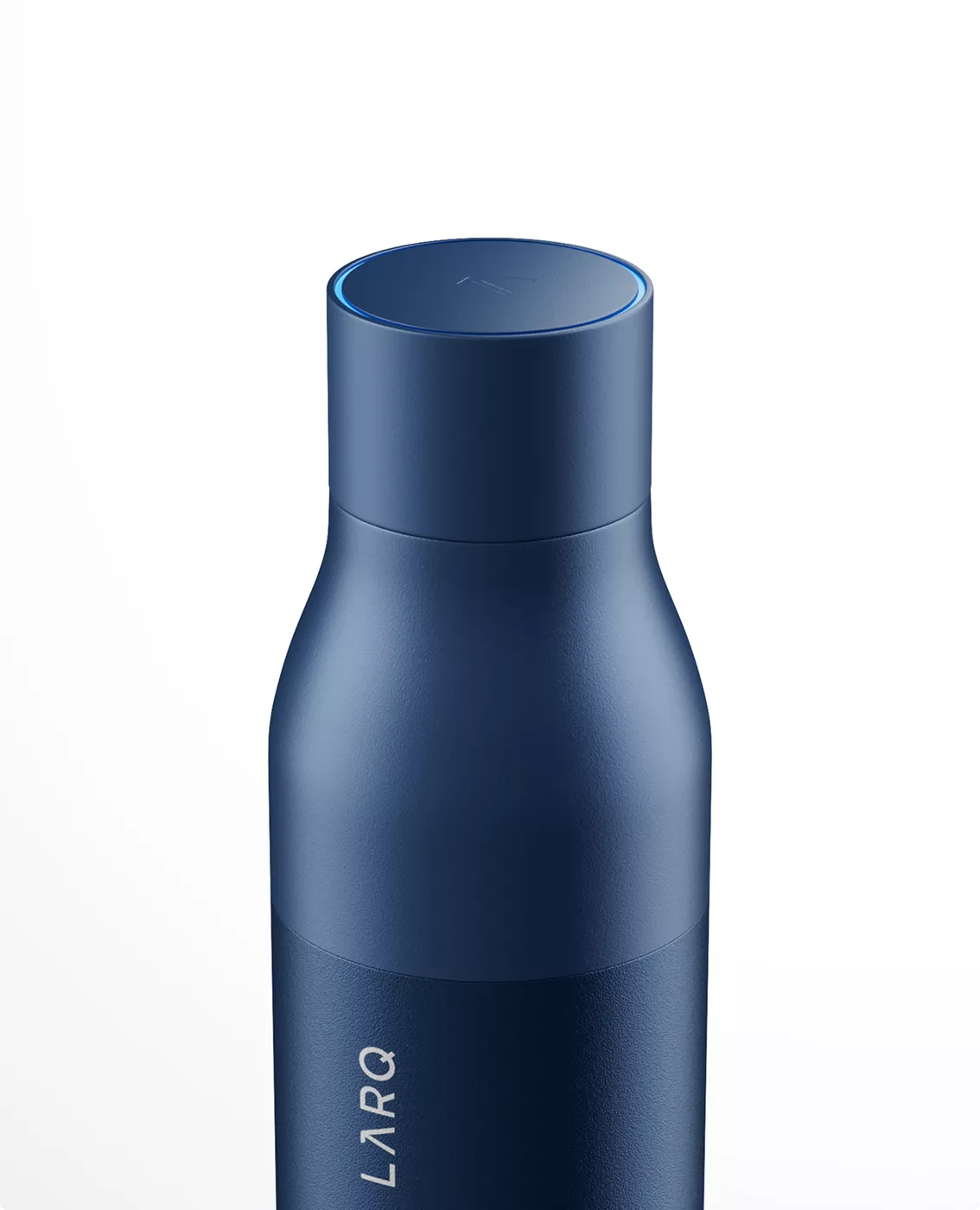 Close-up LARQ bottle visualization showing blue cap and textured stainless steel finish